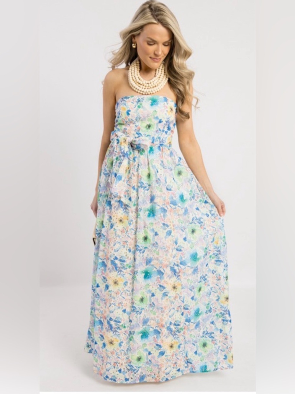 Storia Strapless Floral Maxi Dress in Cream, Blue & Pink
